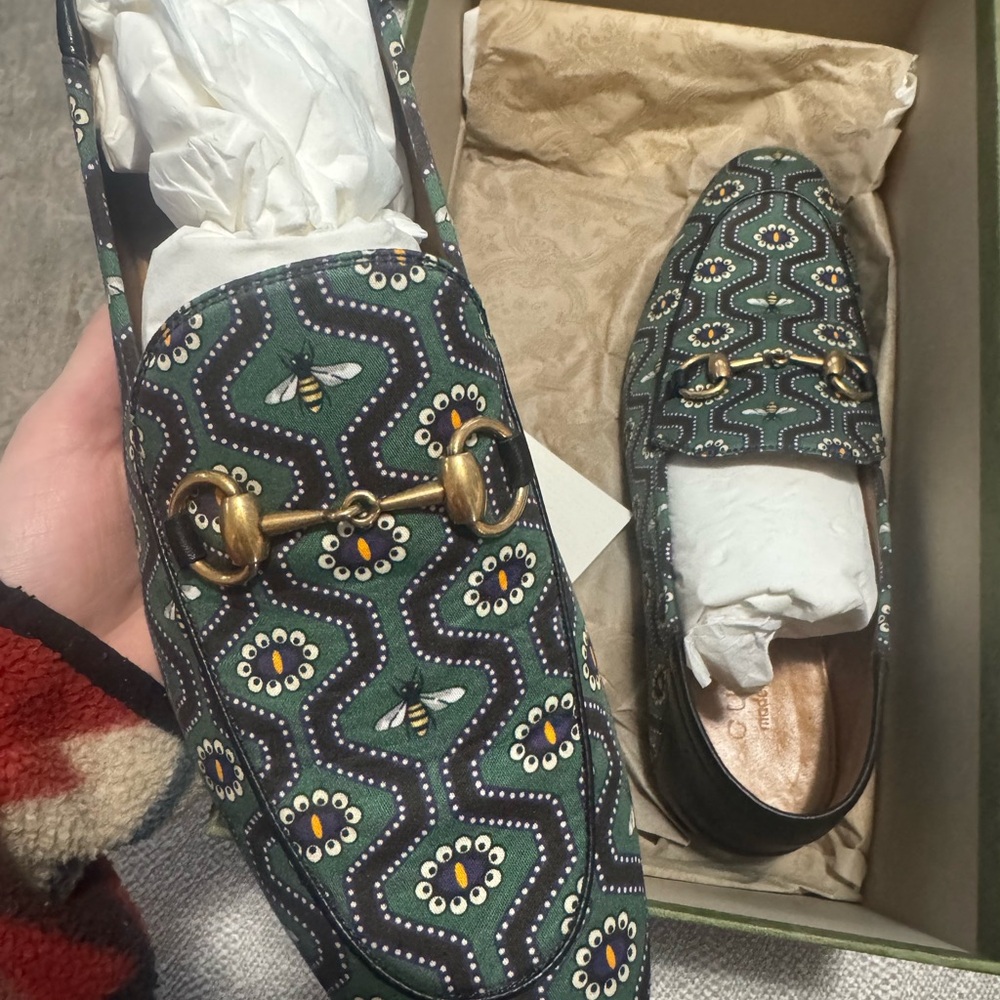 Gucci Green Printed Horsebit Loafers with Bee Motif